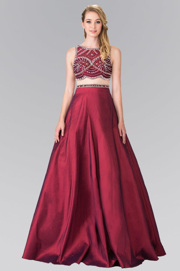 A-line Mock Two-Piece Beading Dress - Burgundy