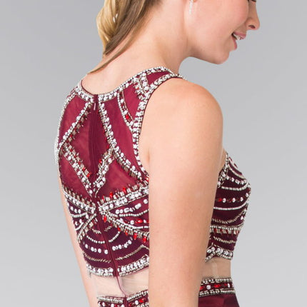 A-line Mock Two-Piece Beading Dress - Burgundy