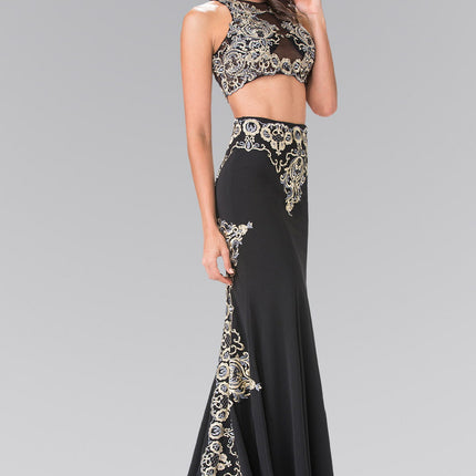 Two-Piece Embroidery Jersey Long Dress with Tail - Black