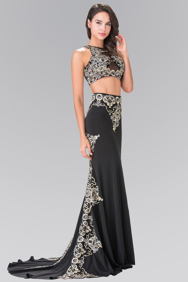 Two-Piece Embroidery Jersey Long Dress with Tail - Black
