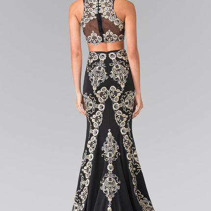 Two-Piece Embroidery Jersey Long Dress with Tail - Black
