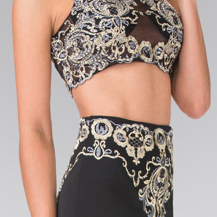 Two-Piece Embroidery Jersey Long Dress with Tail - Black
