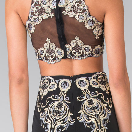 Two-Piece Embroidery Jersey Long Dress with Tail - Black