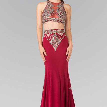 Two-Piece Embroidery Jersey Long Dress with Tail - Burgundy
