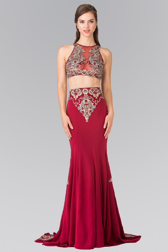 Two-Piece Embroidery Jersey Long Dress with Tail - Burgundy