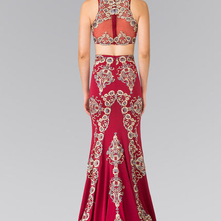 Two-Piece Embroidery Jersey Long Dress with Tail - Burgundy
