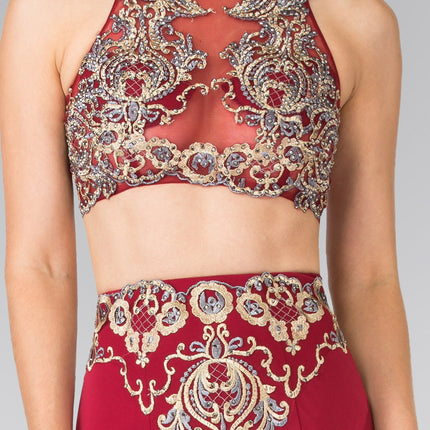 Two-Piece Embroidery Jersey Long Dress with Tail - Burgundy