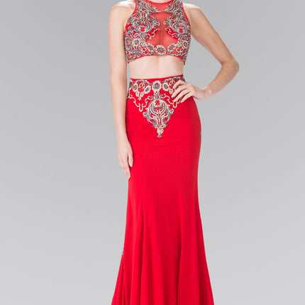 Two-Piece Embroidery Jersey Long Dress with Tail -Red
