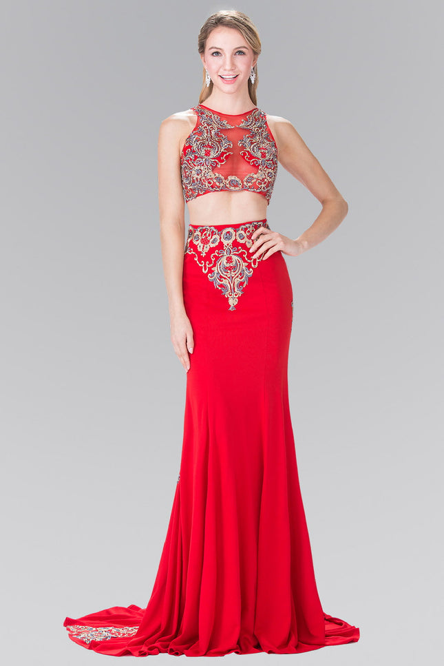 Two-Piece Embroidery Jersey Long Dress with Tail -Red