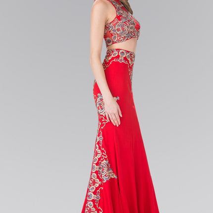 Two-Piece Embroidery Jersey Long Dress with Tail -Red