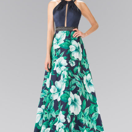 Flower Print Halter-Neck Mikado Long Dress