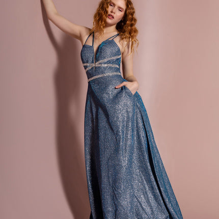 Glitter Crepe A-Line Long Dress - Teal Blue