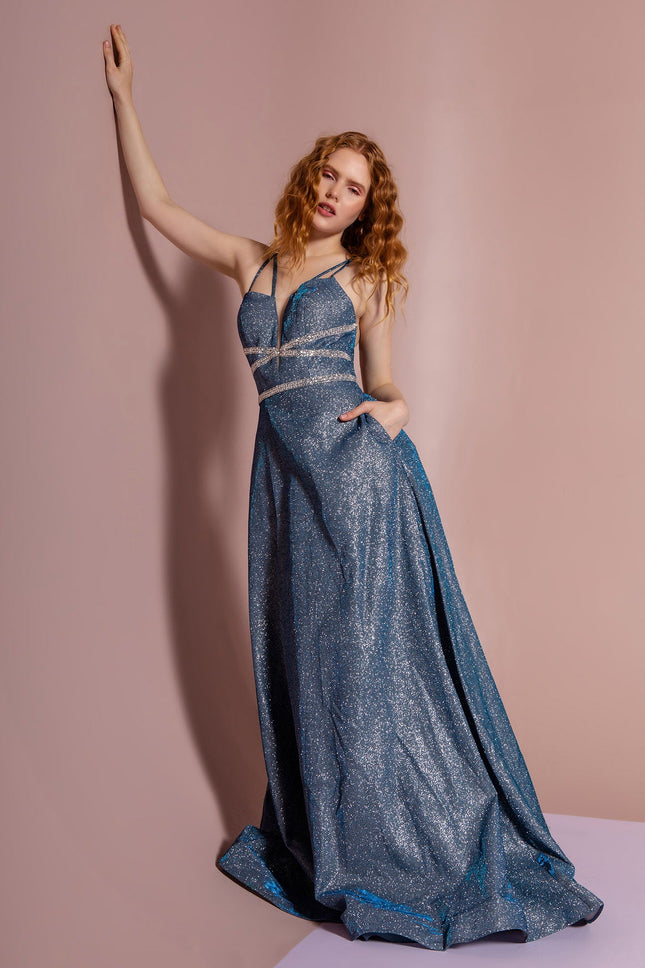 Glitter Crepe A-Line Long Dress - Teal Blue