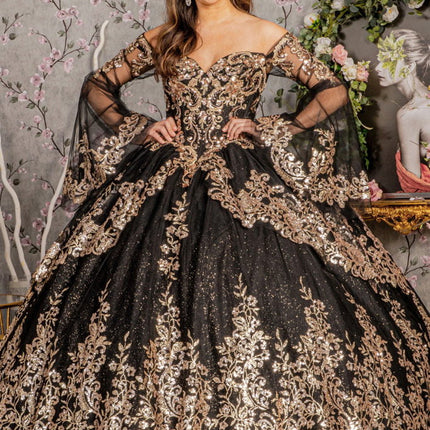 Gold Sequin Off Shoulder Mesh Ball Gown w/ Detachable Long Sleeves