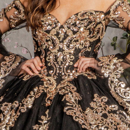 Gold Sequin Off Shoulder Mesh Ball Gown w/ Detachable Long Sleeves