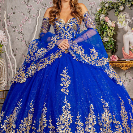 Gold Sequin Off Shoulder Mesh Ball Gown w/ Detachable Long Sleeves