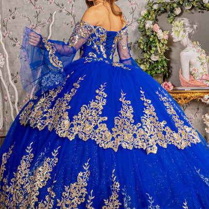Gold Sequin Off Shoulder Mesh Ball Gown w/ Detachable Long Sleeves