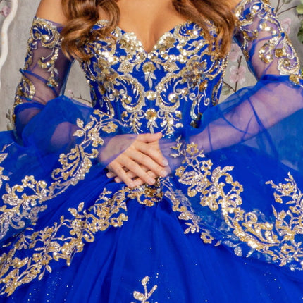 Gold Sequin Off Shoulder Mesh Ball Gown w/ Detachable Long Sleeves