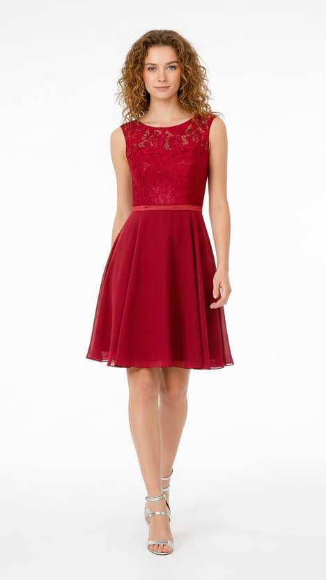 Lace Embellished Chiffon Dress - Burgundy