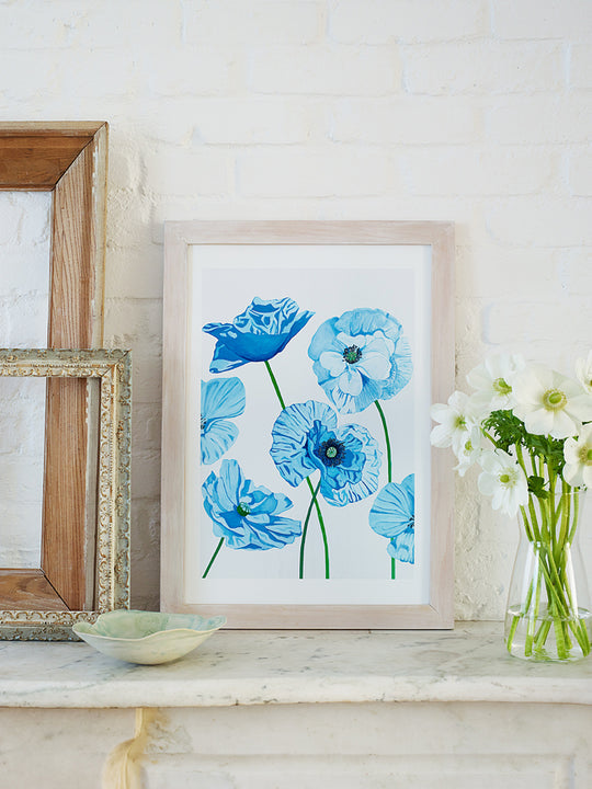Blue Poppies on Pale Grey Wall Art