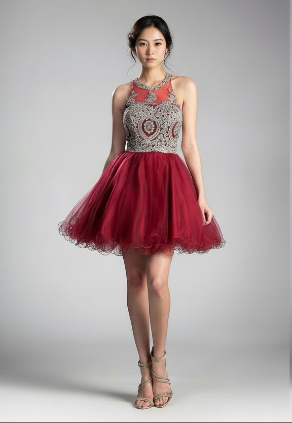 Short Layered Cocktail Dress - Burgundy Gold